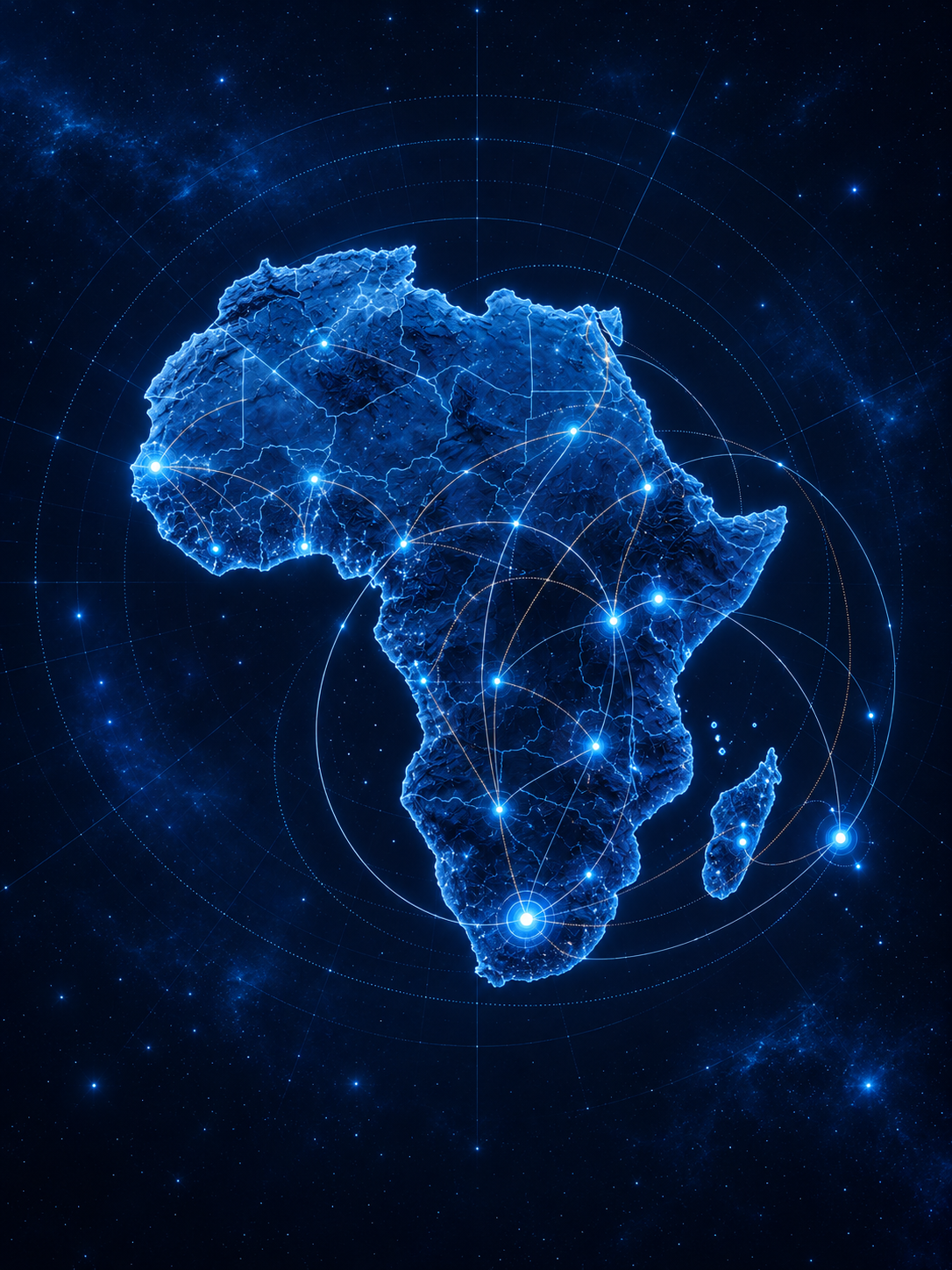 Illustrated map of Africa with illuminated regional connections across the continent and Indian Ocean